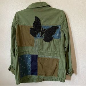 Anthropologie Hei-Hei Butterfly Patchwork Military Green Utility Jacket Sz XS